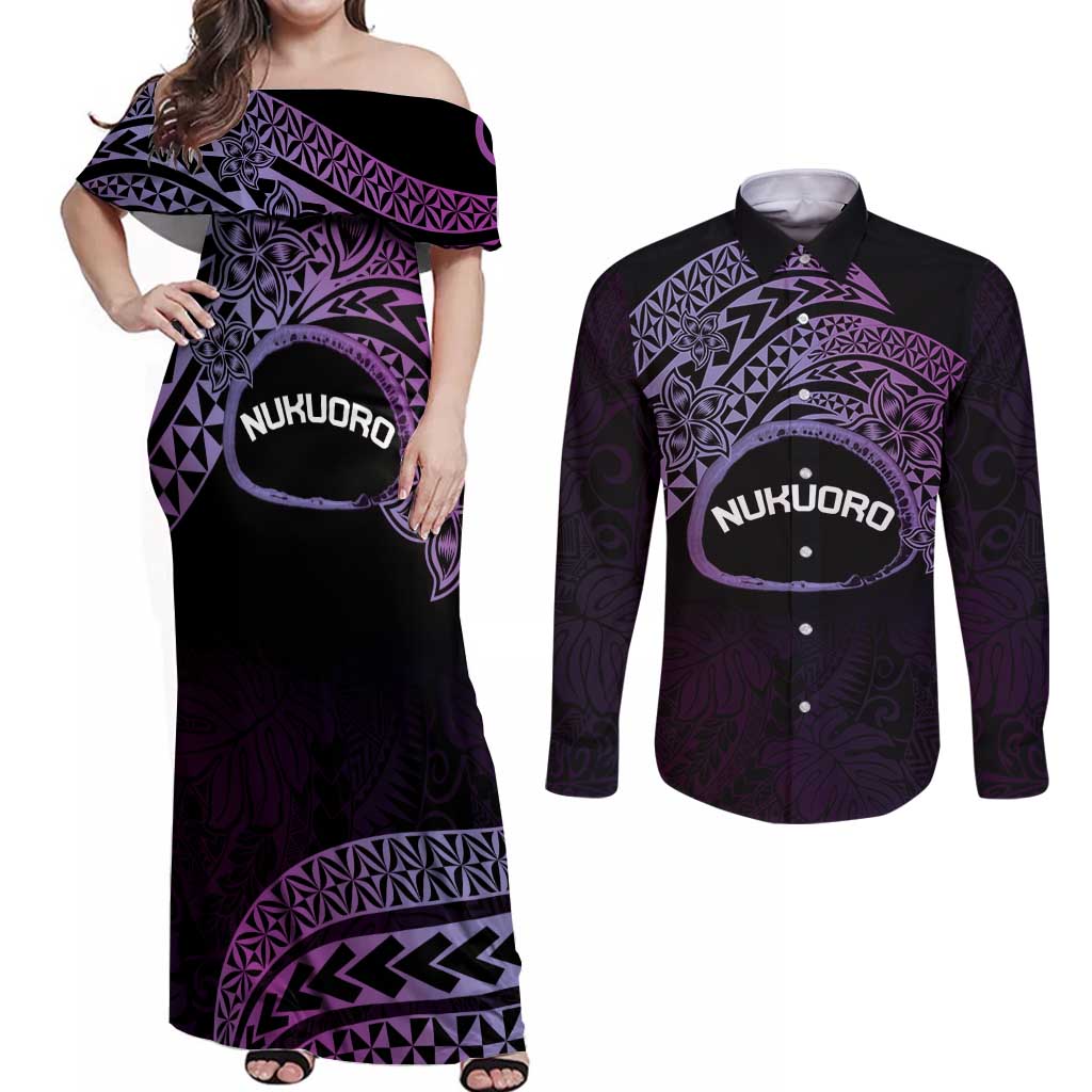 Personalised Pohnpei Nukuoro Micronesia Couples Matching Off Shoulder Maxi Dress and Long Sleeve Button Shirt Polynesian Tattoo Curves Purple Version LT14 Purple - Polynesian Pride