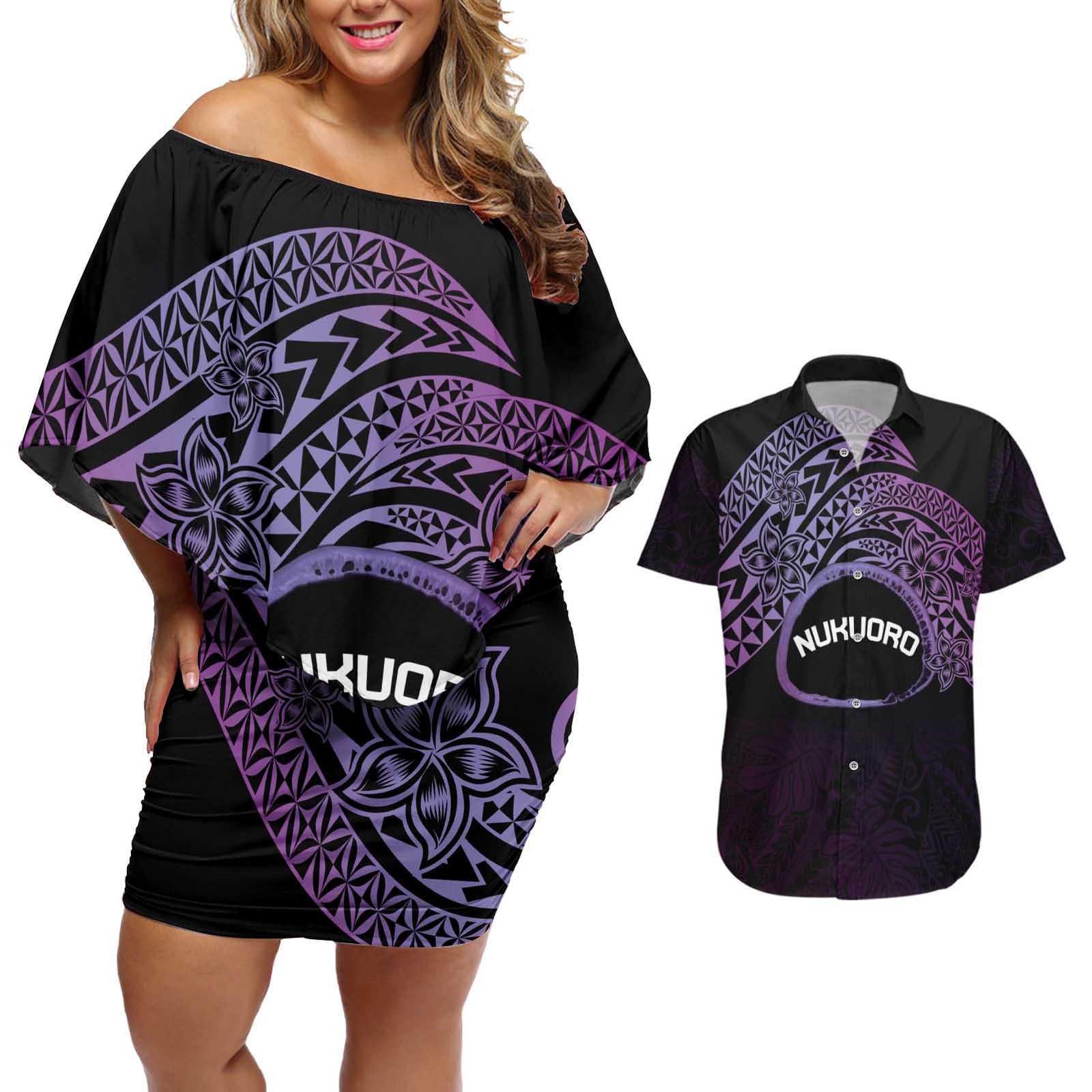 Personalised Pohnpei Nukuoro Micronesia Couples Matching Off Shoulder Short Dress and Hawaiian Shirt Polynesian Tattoo Curves Purple Version LT14 Purple - Polynesian Pride