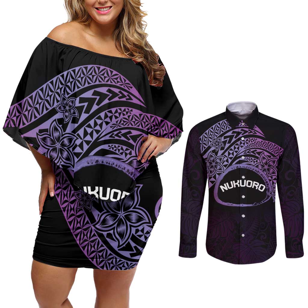 Personalised Pohnpei Nukuoro Micronesia Couples Matching Off Shoulder Short Dress and Long Sleeve Button Shirt Polynesian Tattoo Curves Purple Version LT14 Purple - Polynesian Pride