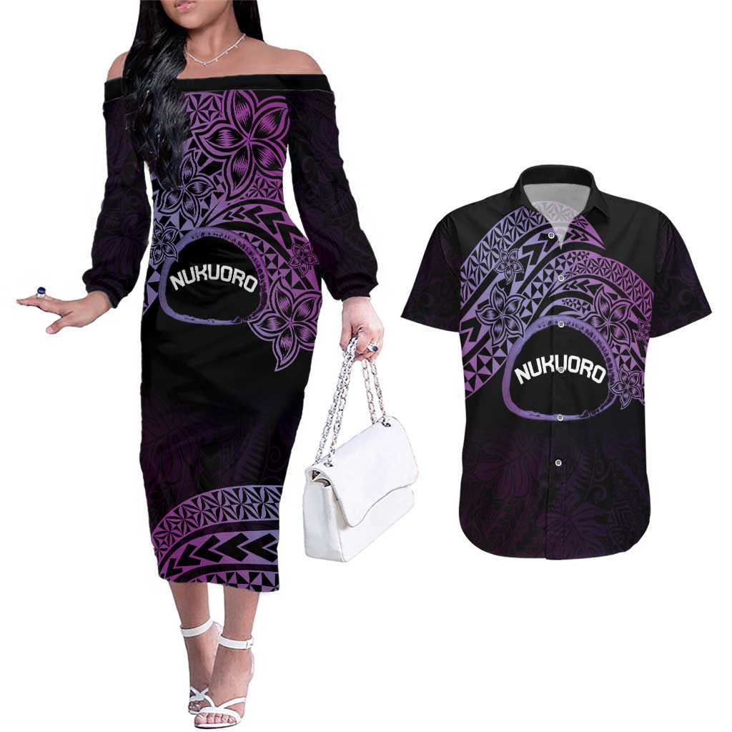 Personalised Pohnpei Nukuoro Micronesia Couples Matching Off The Shoulder Long Sleeve Dress and Hawaiian Shirt Polynesian Tattoo Curves Purple Version LT14 Purple - Polynesian Pride