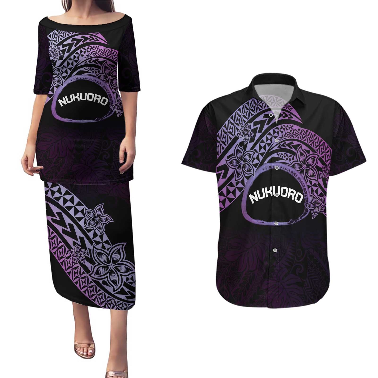 Personalised Pohnpei Nukuoro Micronesia Couples Matching Puletasi and Hawaiian Shirt Polynesian Tattoo Curves Purple Version LT14 Purple - Polynesian Pride