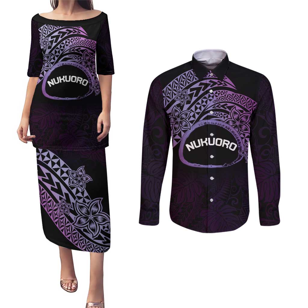 Personalised Pohnpei Nukuoro Micronesia Couples Matching Puletasi and Long Sleeve Button Shirt Polynesian Tattoo Curves Purple Version LT14 Purple - Polynesian Pride