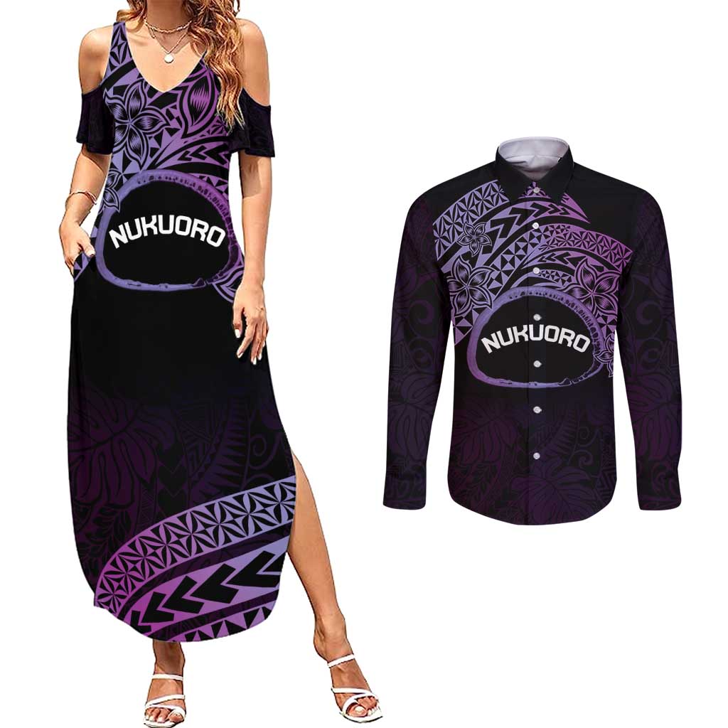 Personalised Pohnpei Nukuoro Micronesia Couples Matching Summer Maxi Dress and Long Sleeve Button Shirt Polynesian Tattoo Curves Purple Version LT14 Purple - Polynesian Pride