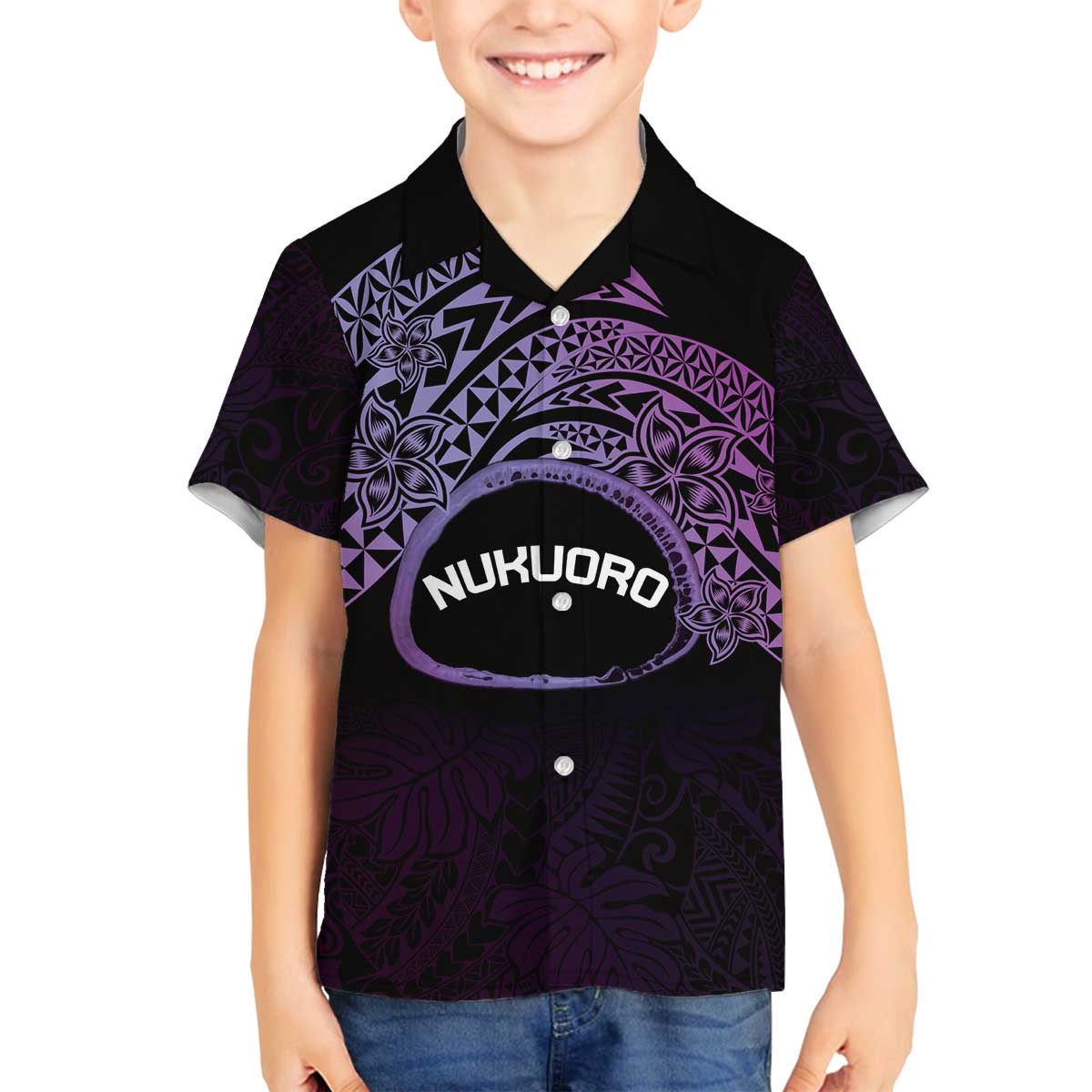Personalised Pohnpei Nukuoro Micronesia Family Matching Puletasi and Hawaiian Shirt Polynesian Tattoo Curves Purple Version