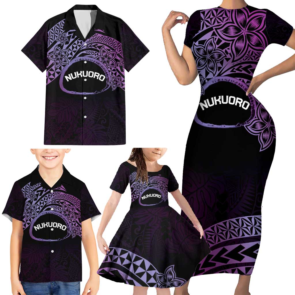Personalised Pohnpei Nukuoro Micronesia Family Matching Short Sleeve Bodycon Dress and Hawaiian Shirt Polynesian Tattoo Curves Purple Version LT14 - Polynesian Pride