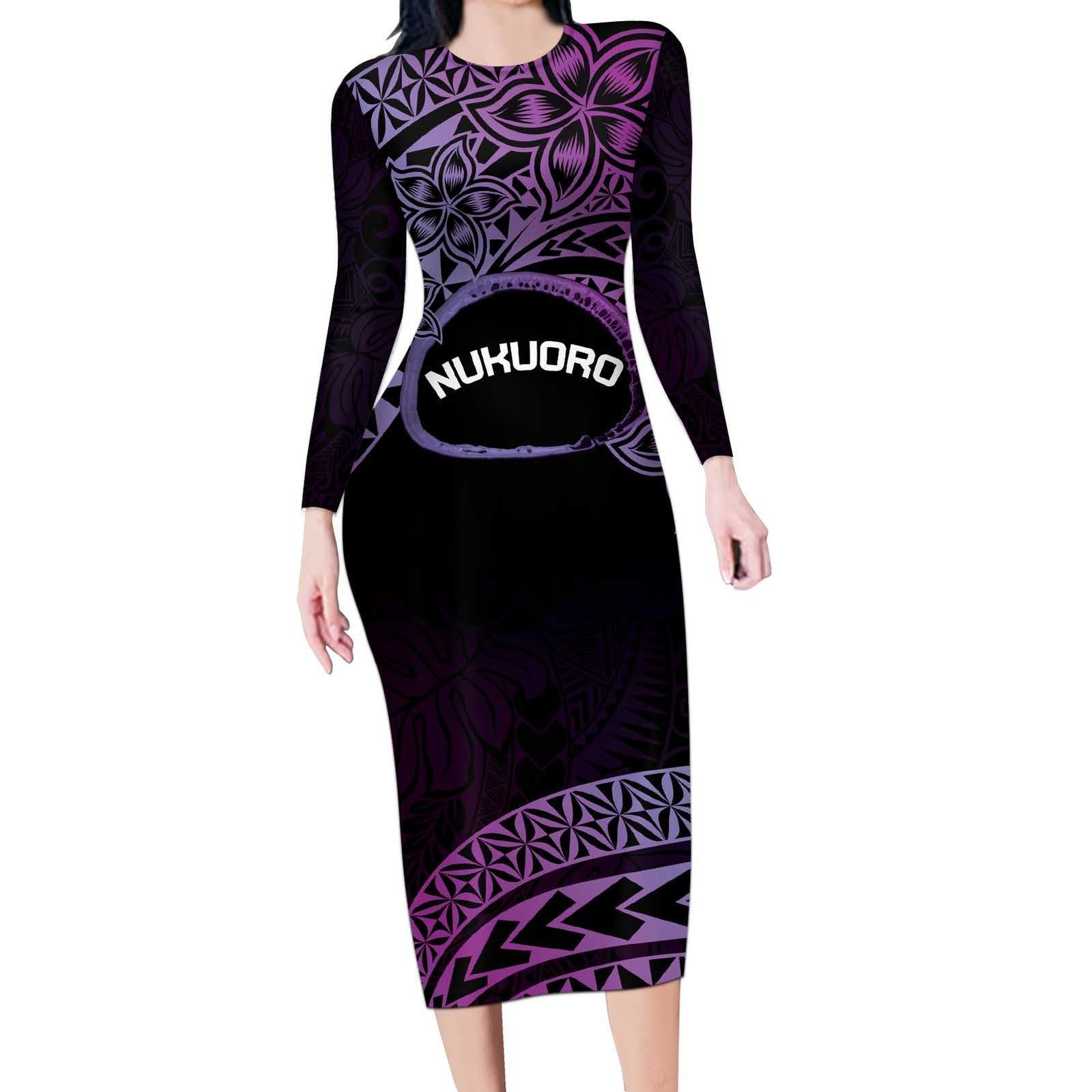 Personalised Pohnpei Nukuoro Micronesia Long Sleeve Bodycon Dress Polynesian Tattoo Curves Purple Version LT14 Long Dress Purple - Polynesian Pride