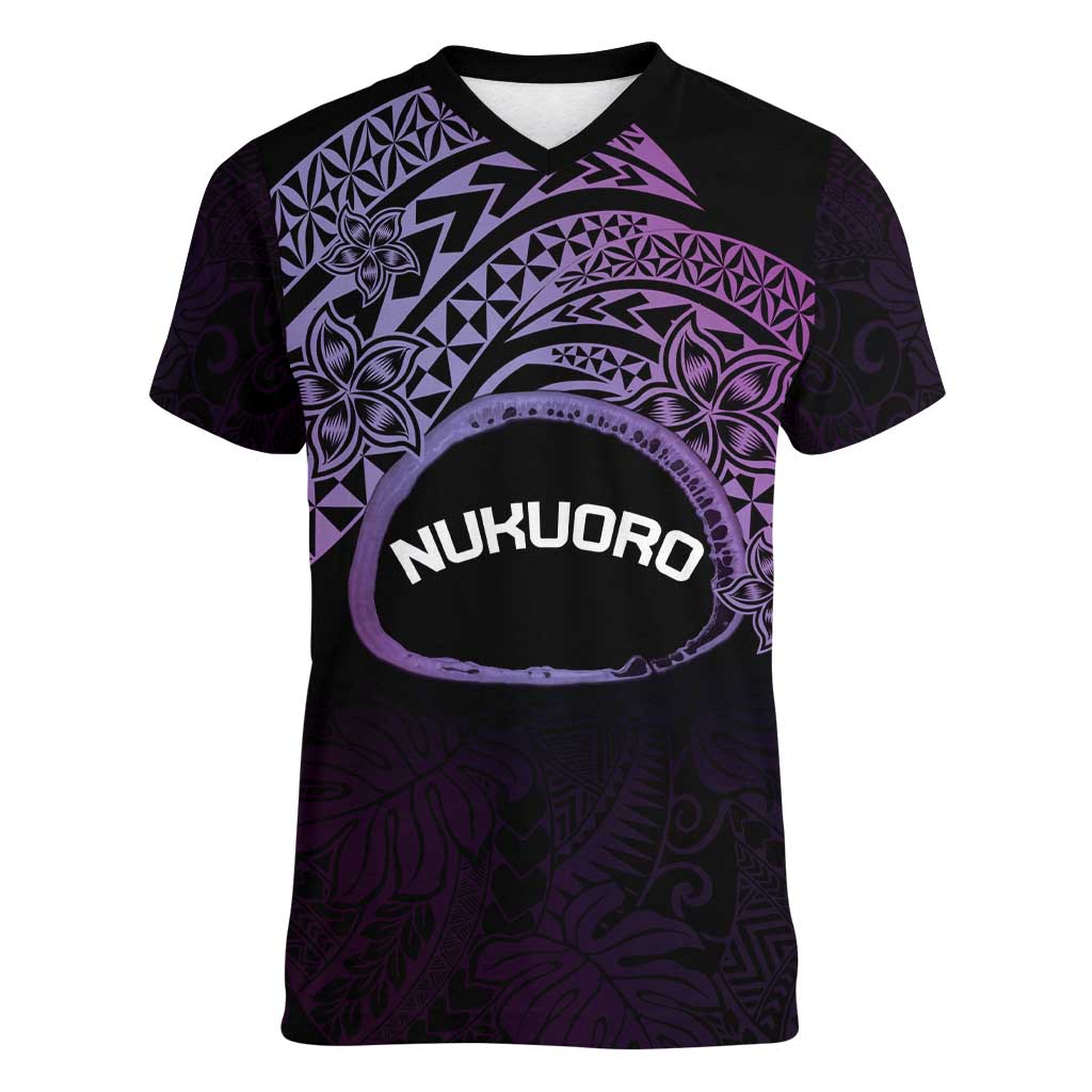 Personalised Pohnpei Nukuoro Micronesia Women V-Neck T-Shirt Polynesian Tattoo Curves Purple Version LT14 Female Purple - Polynesian Pride