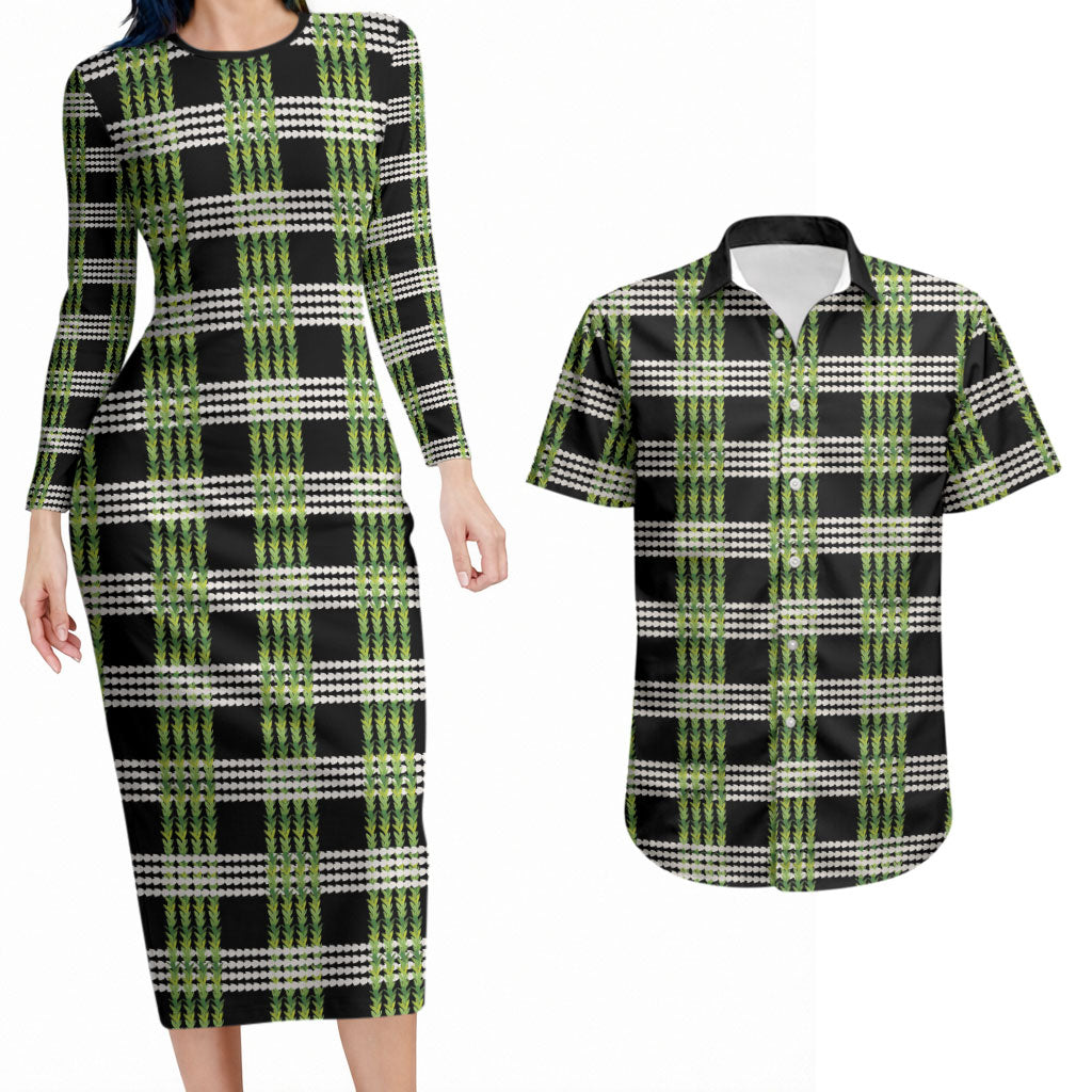 Aloha Hawaii Pakalana Pikake Lei Couples Matching Long Sleeve Bodycon Dress and Hawaiian Shirt Palaka Inspired Hawaiian-plaid Black