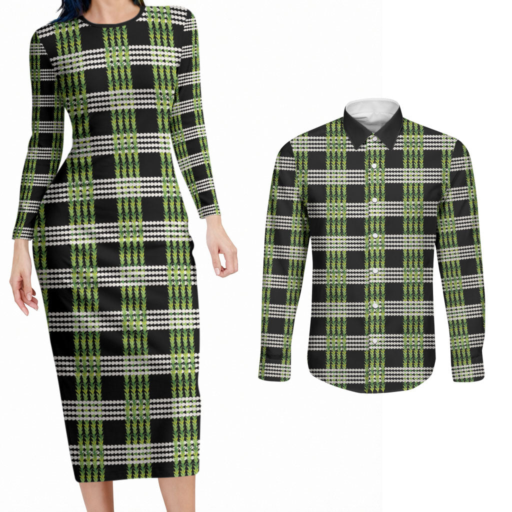 Aloha Hawaii Pakalana Pikake Lei Couples Matching Long Sleeve Bodycon Dress and Long Sleeve Button Shirt Palaka Inspired Hawaiian-plaid Black