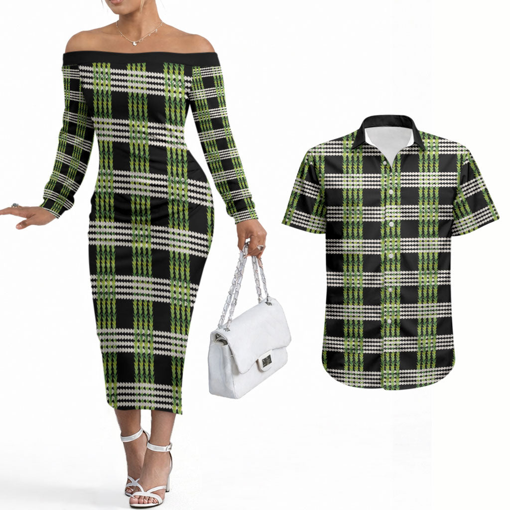 Aloha Hawaii Pakalana Pikake Lei Couples Matching Off The Shoulder Long Sleeve Dress and Hawaiian Shirt Palaka Inspired Hawaiian-plaid Black