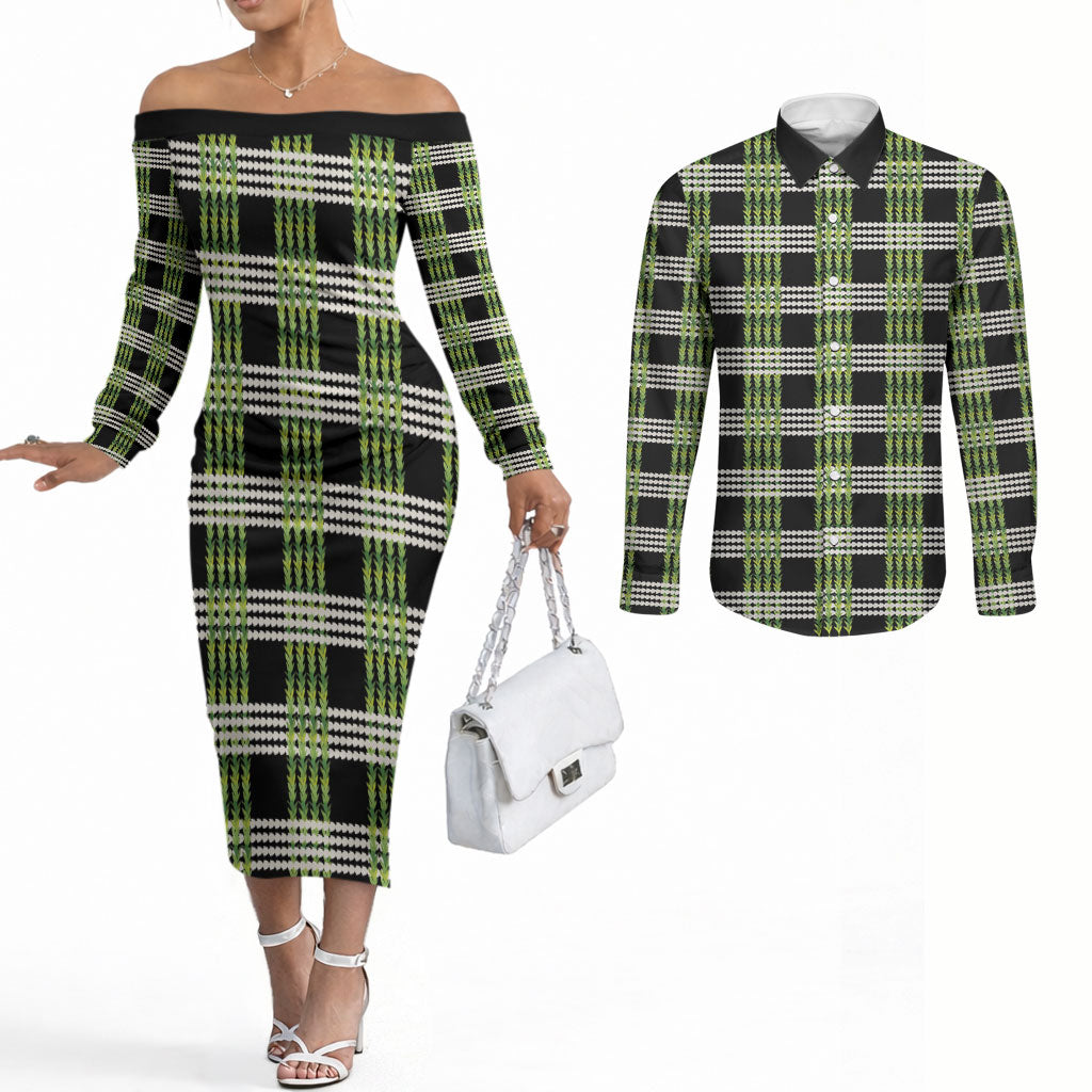 Aloha Hawaii Pakalana Pikake Lei Couples Matching Off The Shoulder Long Sleeve Dress and Long Sleeve Button Shirt Palaka Inspired Hawaiian-plaid Black