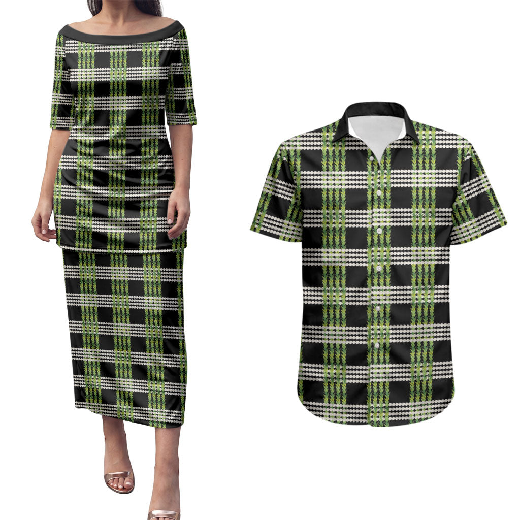 Aloha Hawaii Pakalana Pikake Lei Couples Matching Puletasi and Hawaiian Shirt Palaka Inspired Hawaiian-plaid Black