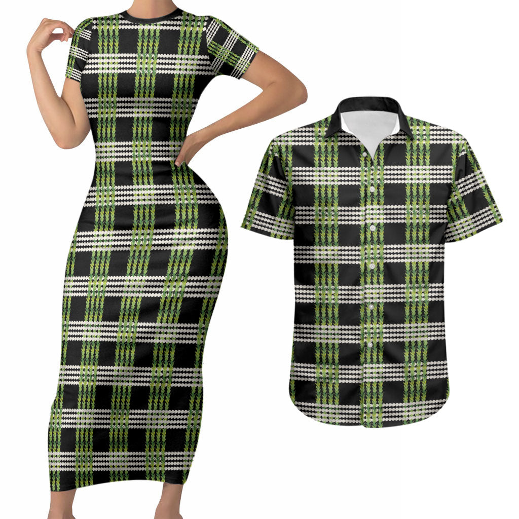 Aloha Hawaii Pakalana Pikake Lei Couples Matching Short Sleeve Bodycon Dress and Hawaiian Shirt Palaka Inspired Hawaiian-plaid Black