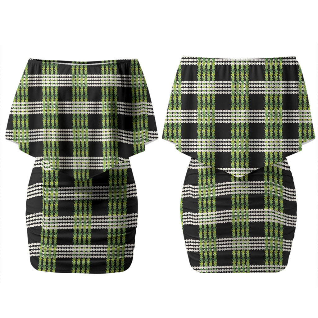 Aloha Hawaii Pakalana Pikake Lei Family Matching Off Shoulder Short Dress and Hawaiian Shirt Palaka Inspired Hawaiian-plaid Black