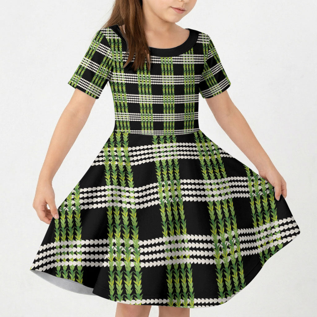 Aloha Hawaii Pakalana Pikake Lei Kid Short Sleeve Dress Palaka Inspired Hawaiian-plaid Black