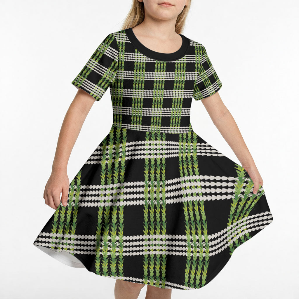 Aloha Hawaii Pakalana Pikake Lei Kid Short Sleeve Dress Palaka Inspired Hawaiian-plaid Black