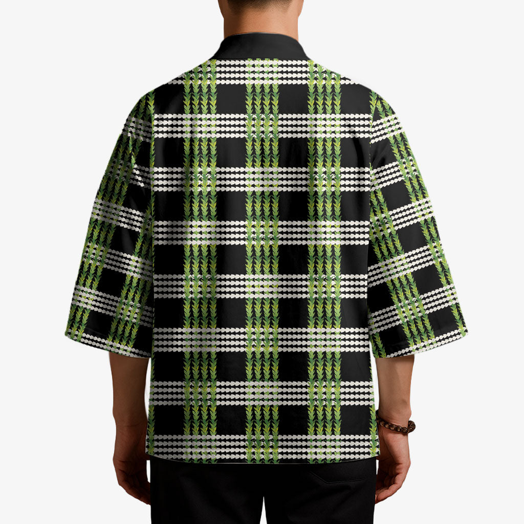 Aloha Hawaii Pakalana Pikake Lei Kimono Palaka Inspired Hawaiian-plaid Black
