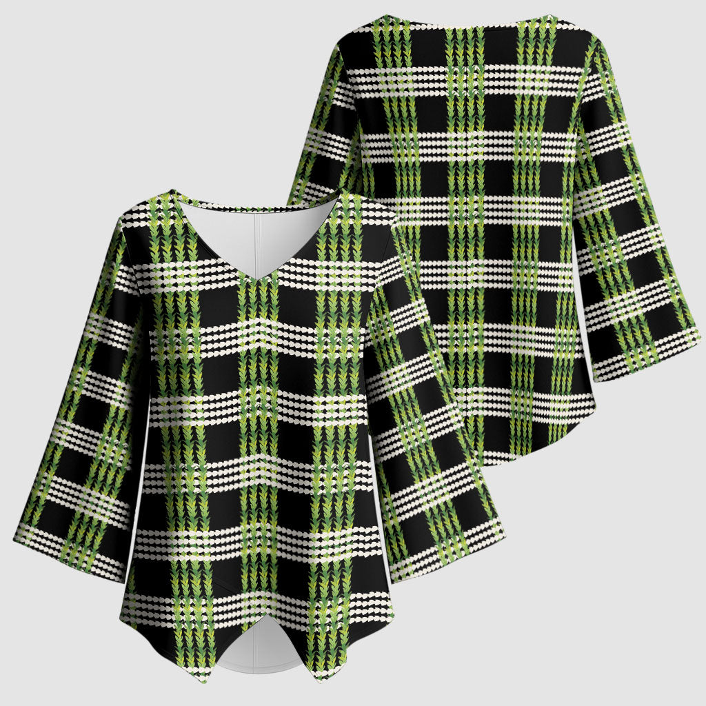 Aloha Hawaii Pakalana Pikake Lei Kimono Sleeve Blouse Palaka Inspired Hawaiian-plaid Black