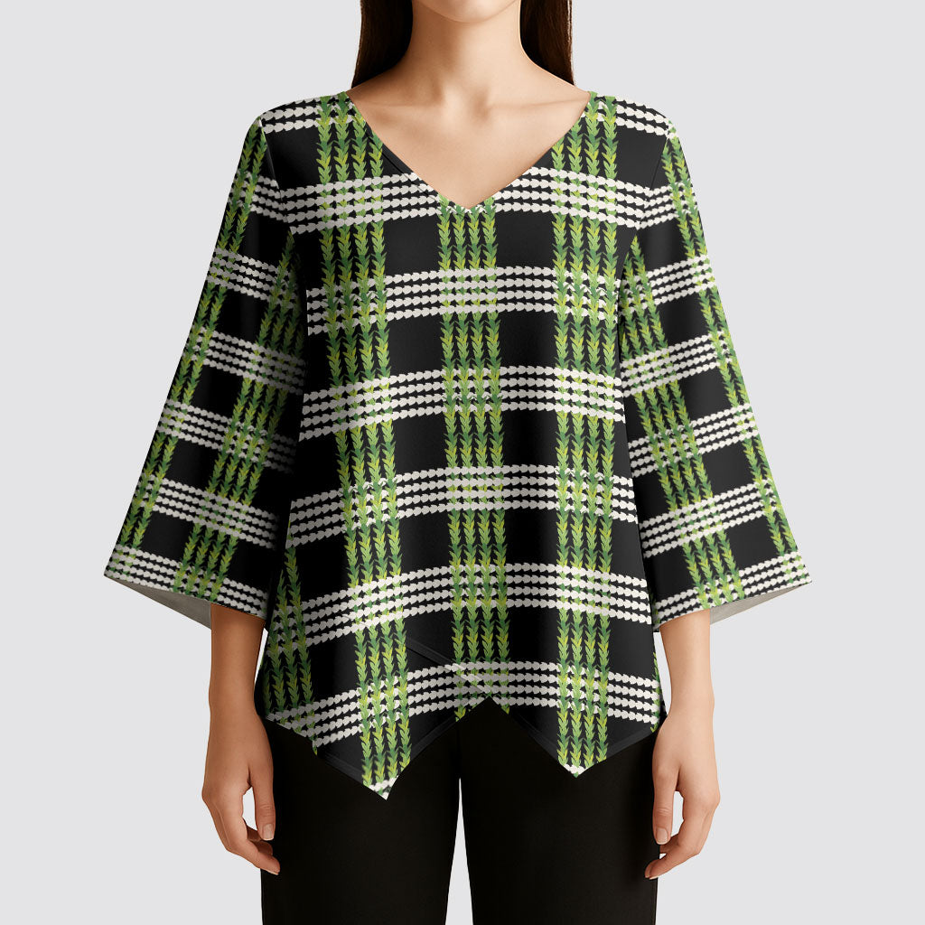 Aloha Hawaii Pakalana Pikake Lei Kimono Sleeve Blouse Palaka Inspired Hawaiian-plaid Black