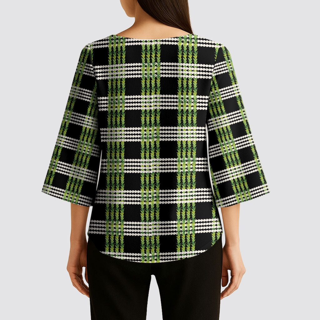 Aloha Hawaii Pakalana Pikake Lei Kimono Sleeve Blouse Palaka Inspired Hawaiian-plaid Black