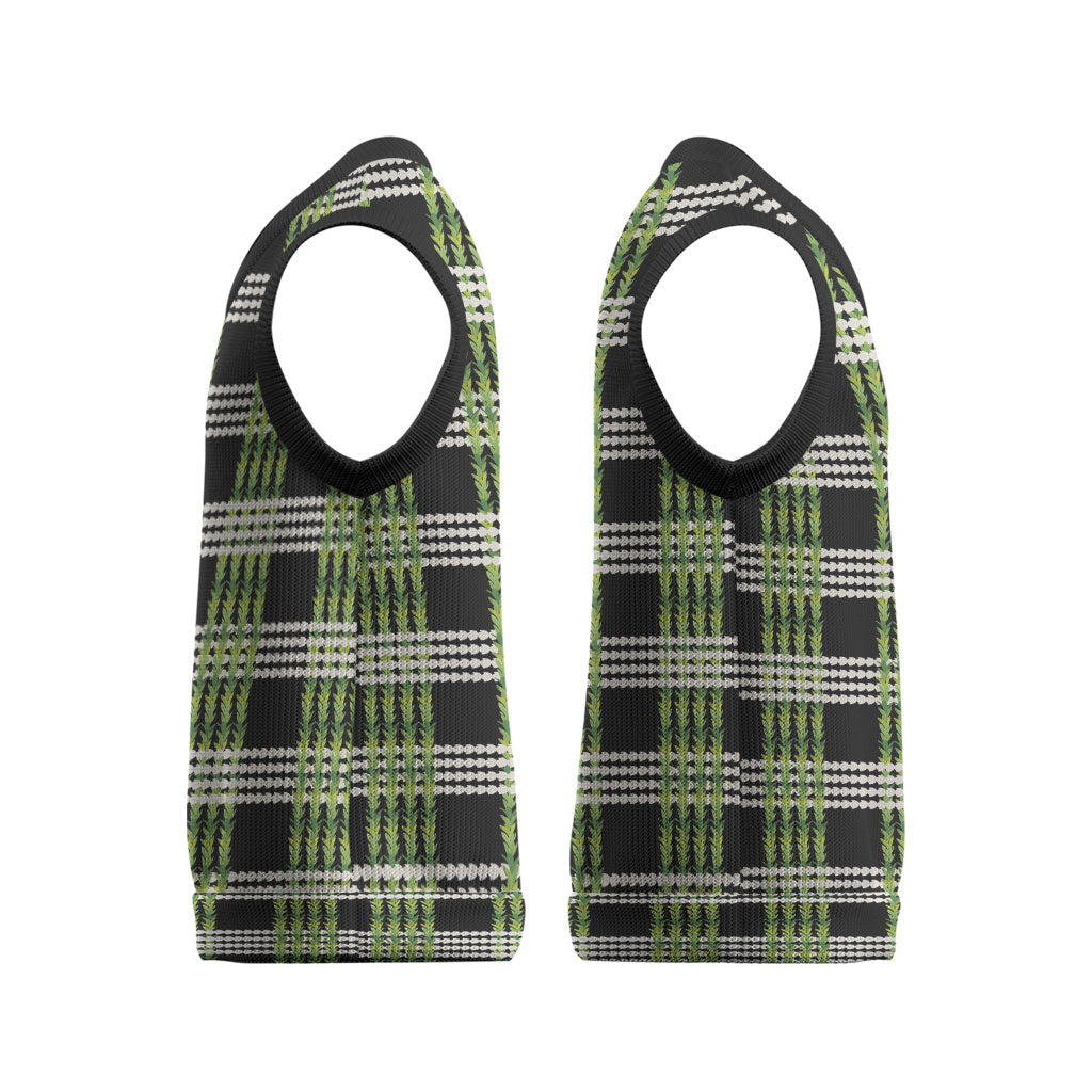 Aloha Hawaii Pakalana Pikake Lei Christmas Knitted V-Neck Vest Palaka Inspired Hawaiian-plaid Black