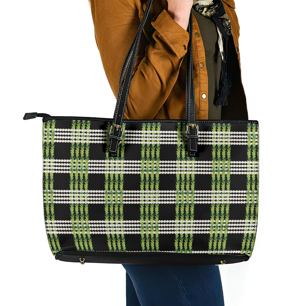 Aloha Hawaii Pakalana Pikake Lei Leather Tote Bag Palaka Inspired Hawaiian-plaid Black