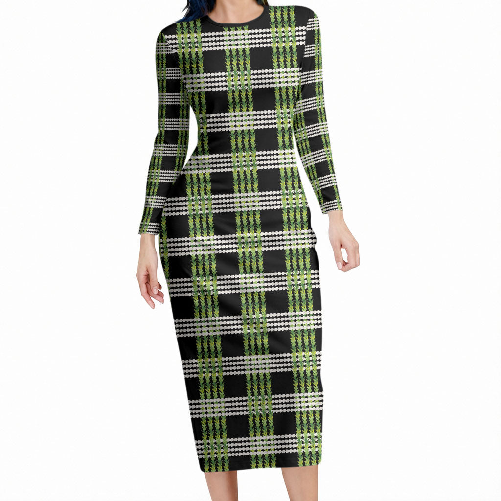 Aloha Hawaii Pakalana Pikake Lei Long Sleeve Bodycon Dress Palaka Inspired Hawaiian-plaid Black