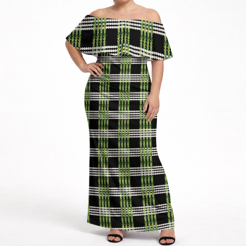 Aloha Hawaii Pakalana Pikake Lei Off Shoulder Maxi Dress Palaka Inspired Hawaiian-plaid Black