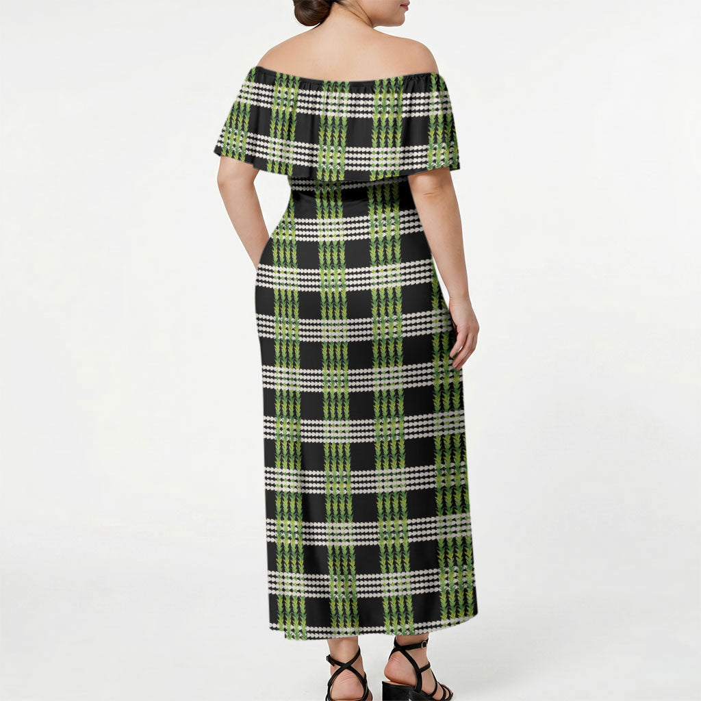Aloha Hawaii Pakalana Pikake Lei Off Shoulder Maxi Dress Palaka Inspired Hawaiian-plaid Black
