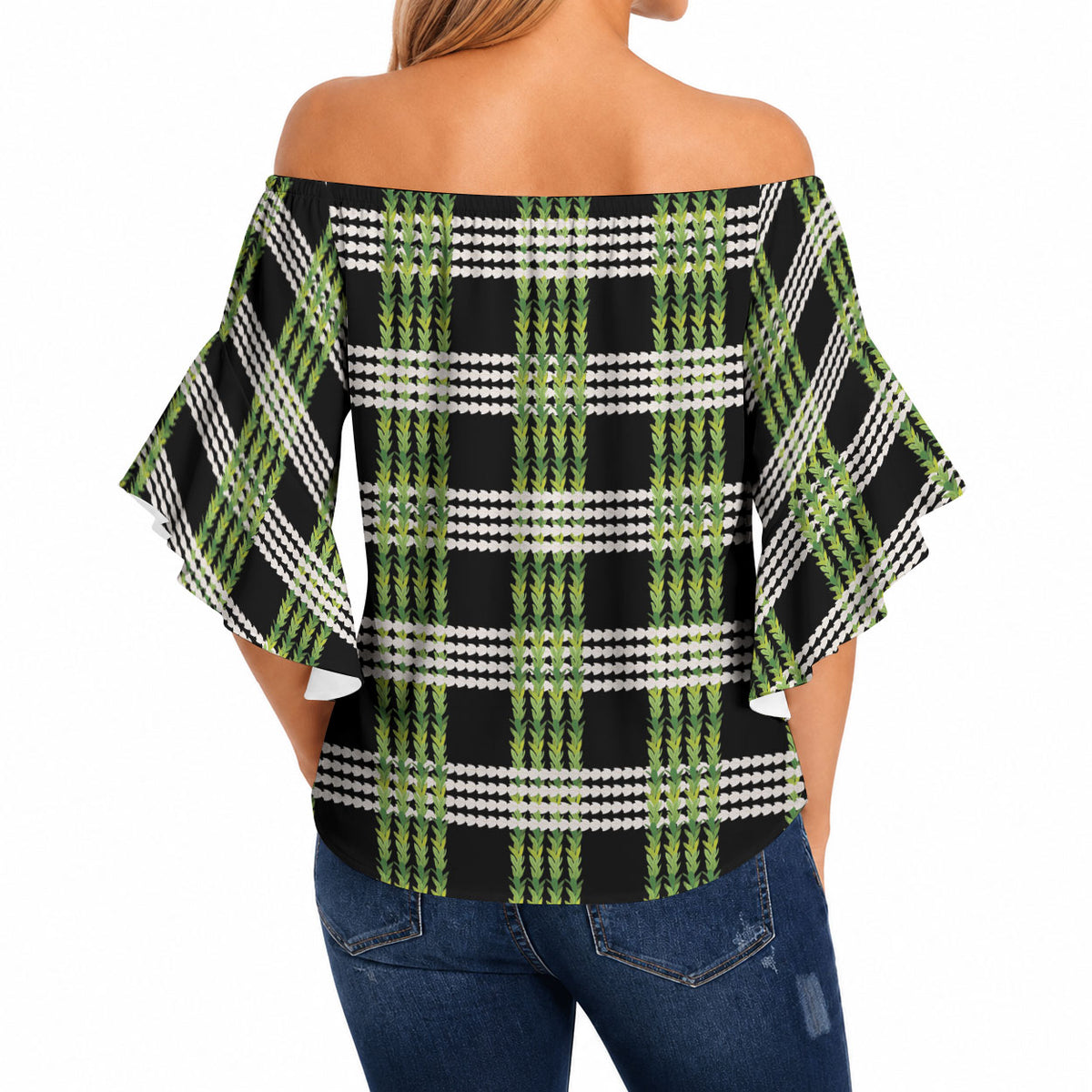 Aloha Hawaii Pakalana Pikake Lei Off Shoulder Wrap Waist Top Palaka Inspired Hawaiian-plaid Black