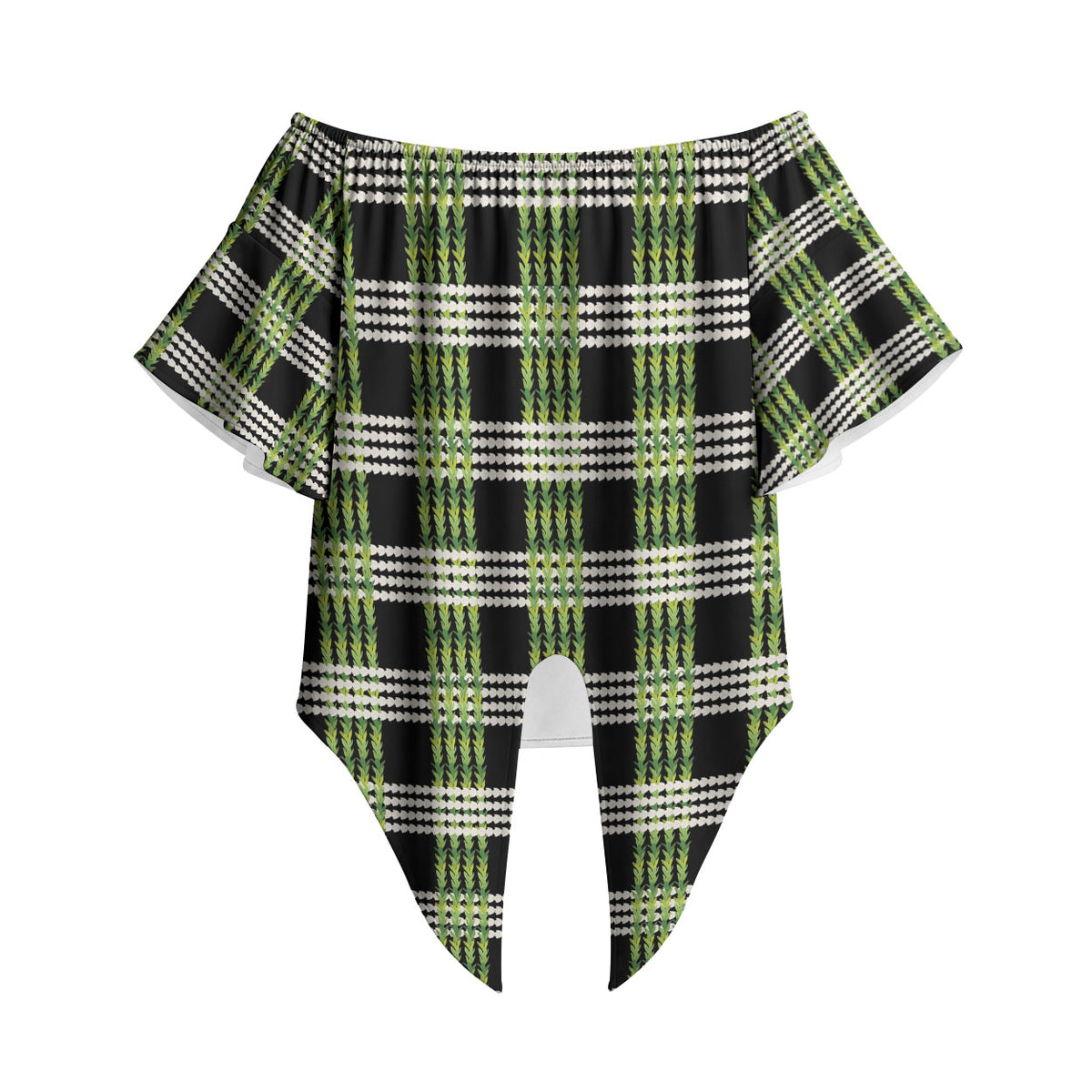 Aloha Hawaii Pakalana Pikake Lei Off Shoulder Wrap Waist Top Palaka Inspired Hawaiian-plaid Black