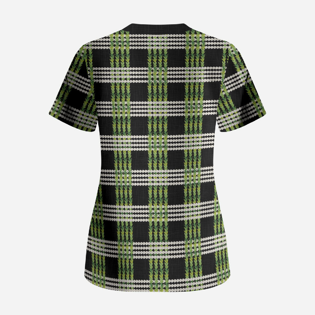 Aloha Hawaii Pakalana Pikake Lei Scrub Top Palaka Inspired Hawaiian-plaid Black