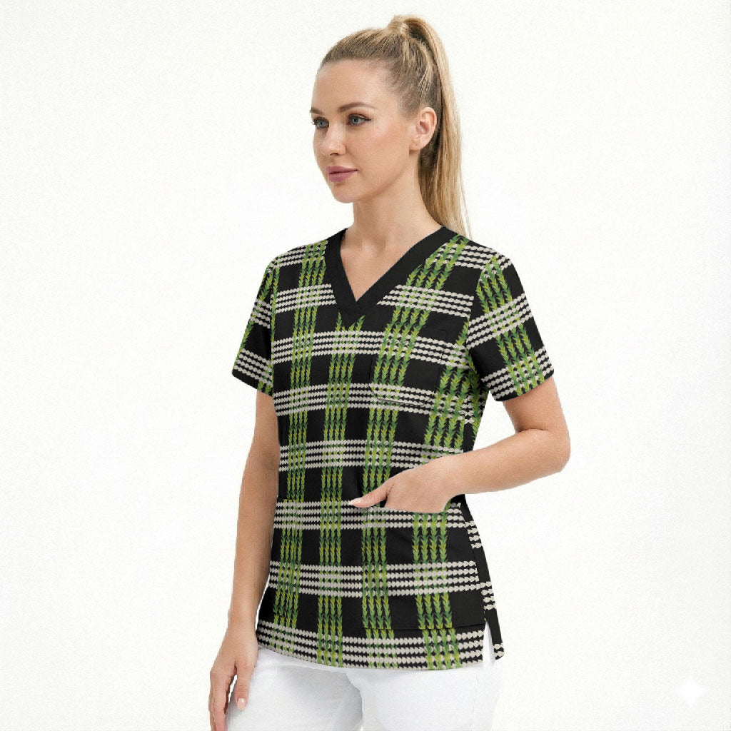 Aloha Hawaii Pakalana Pikake Lei Scrub Top Palaka Inspired Hawaiian-plaid Black