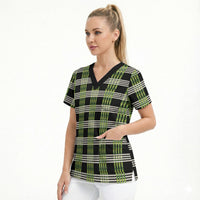 Aloha Hawaii Pakalana Pikake Lei Scrub Top Palaka Inspired Hawaiian-plaid Black
