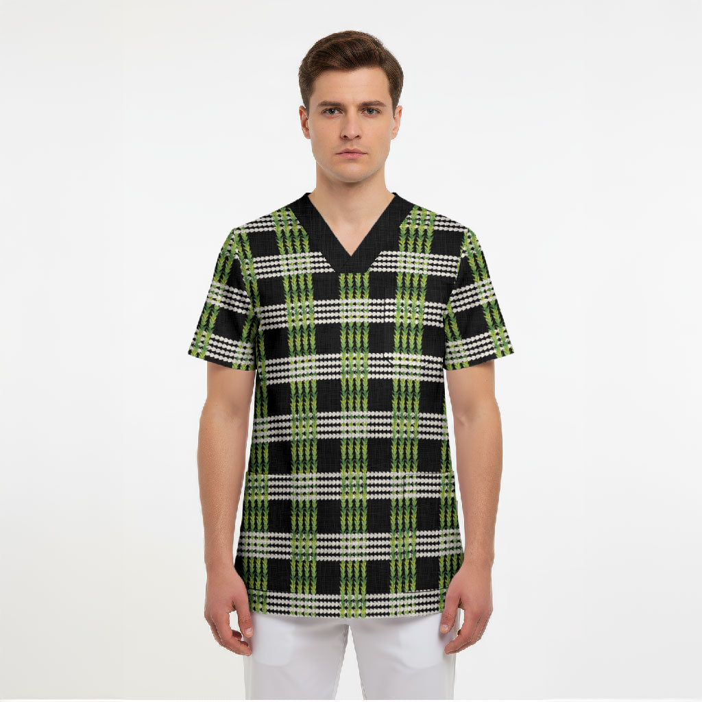 Aloha Hawaii Pakalana Pikake Lei Scrub Top Palaka Inspired Hawaiian-plaid Black