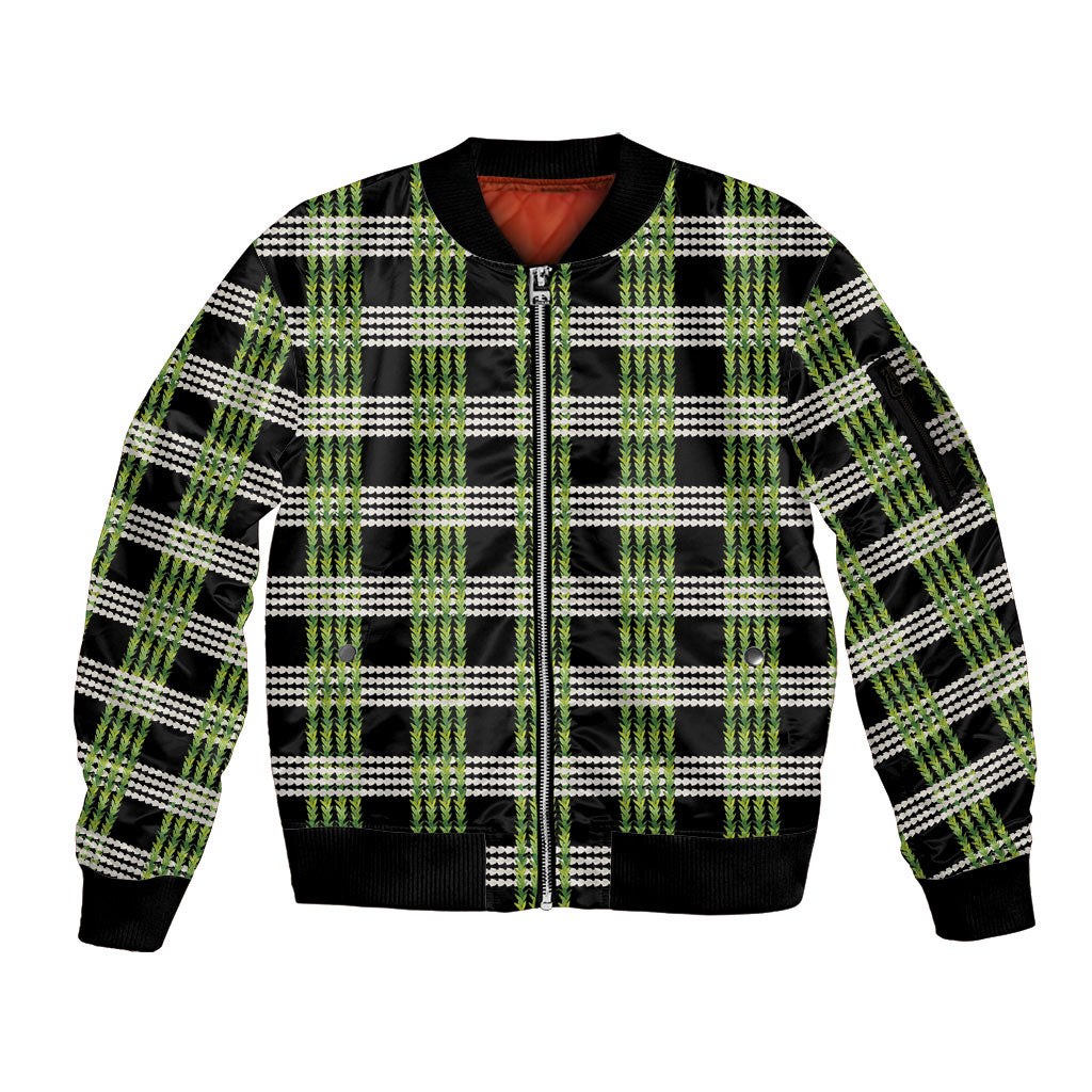 Aloha Hawaii Pakalana Pikake Lei Sleeve Zip Bomber Jacket Palaka Inspired Hawaiian-plaid Black