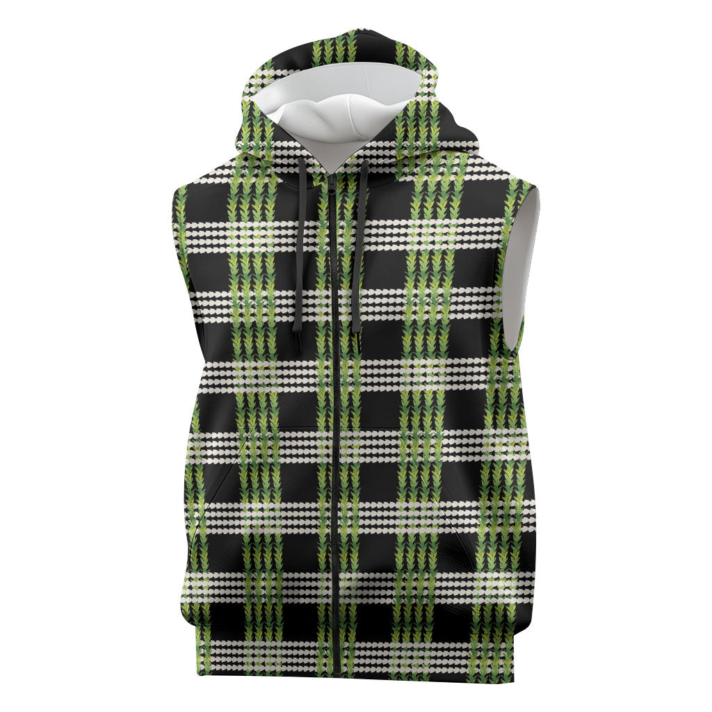 Aloha Hawaii Pakalana Pikake Lei Sleeveless Zip Hoodie Palaka Inspired Hawaiian-plaid Black