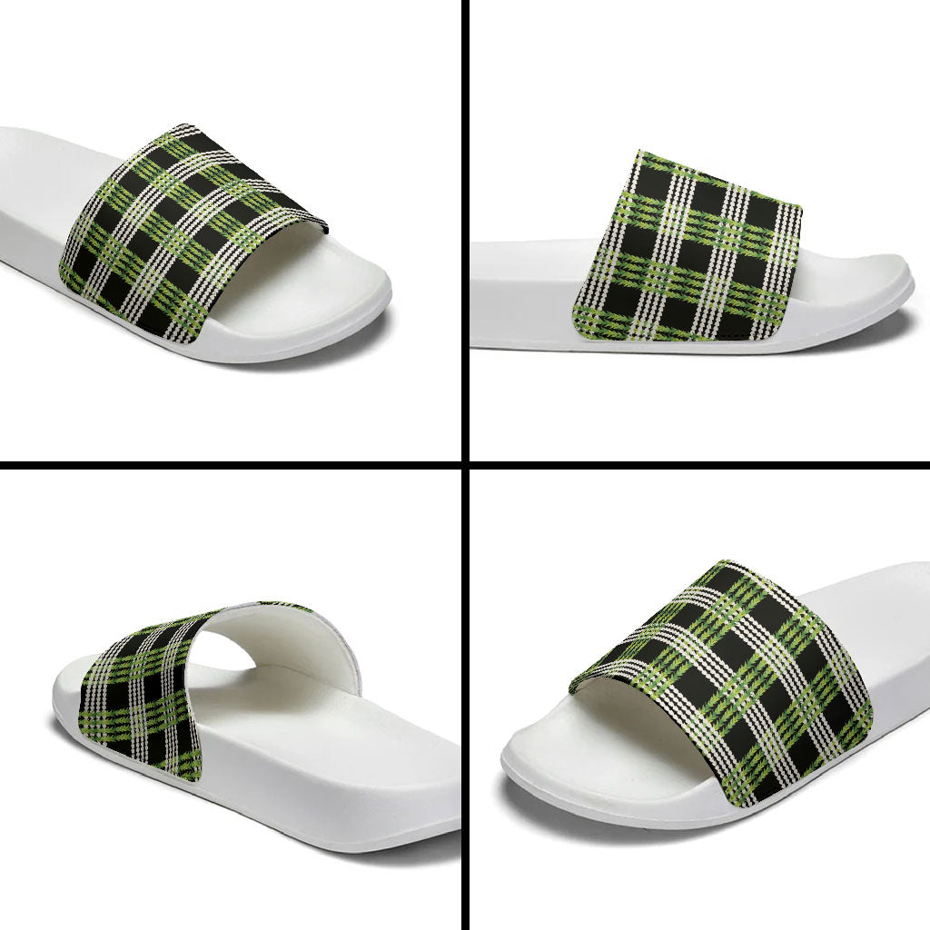 Aloha Hawaii Pakalana Pikake Lei Slide Sandals Palaka Inspired Hawaiian-plaid Black
