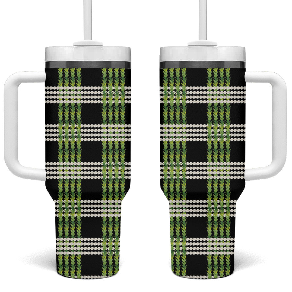 Aloha Hawaii Pakalana Pikake Lei Tumbler With Handle Palaka Inspired Hawaiian-plaid Black