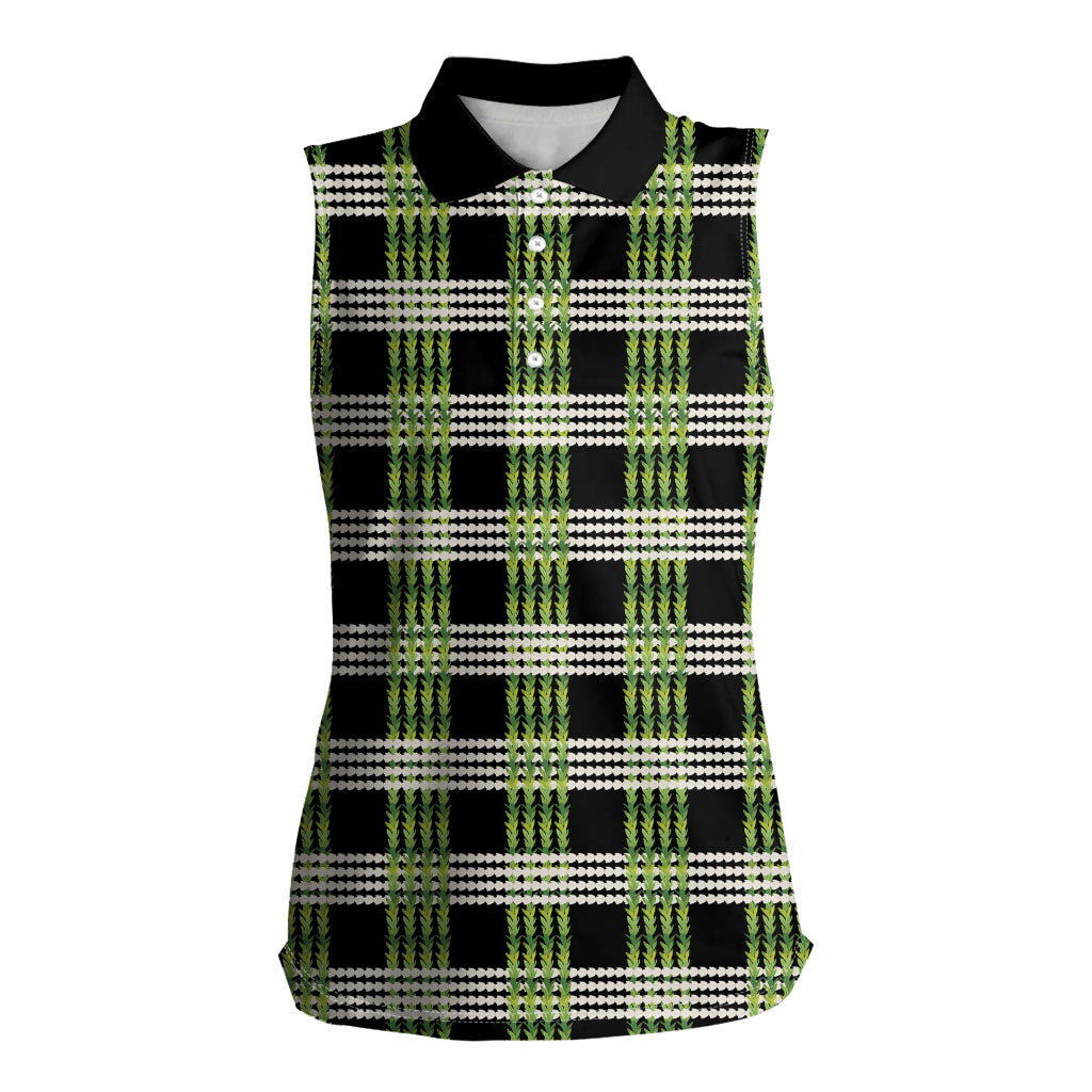 Aloha Hawaii Pakalana Pikake Lei Women Sleeveless Polo Shirt Palaka Inspired Hawaiian-plaid Black
