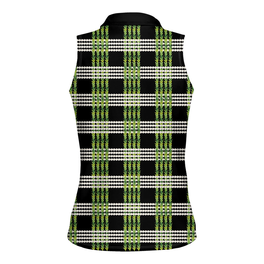 Aloha Hawaii Pakalana Pikake Lei Women Sleeveless Polo Shirt Palaka Inspired Hawaiian-plaid Black