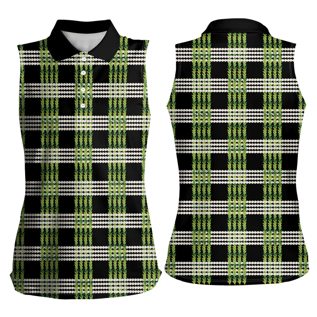 Aloha Hawaii Pakalana Pikake Lei Women Sleeveless Polo Shirt Palaka Inspired Hawaiian-plaid Black