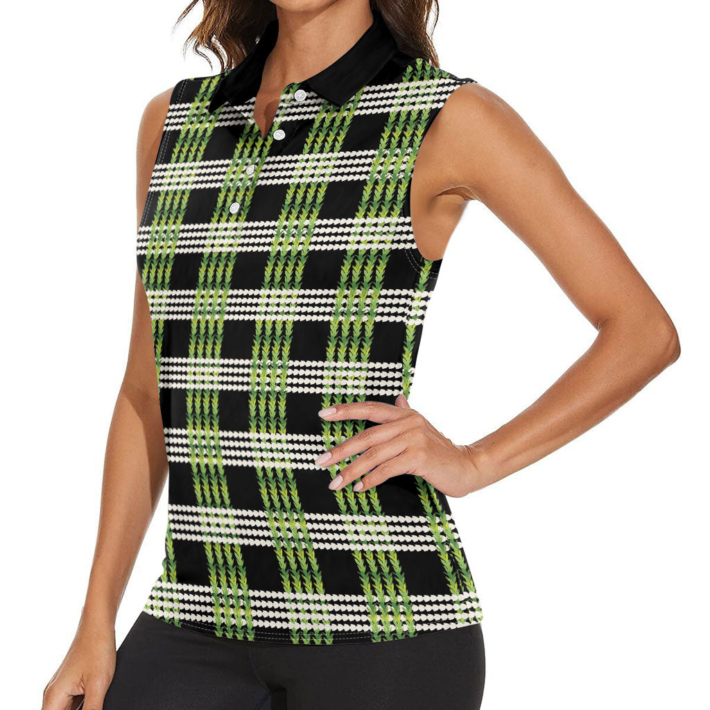 Aloha Hawaii Pakalana Pikake Lei Women Sleeveless Polo Shirt Palaka Inspired Hawaiian-plaid Black