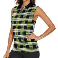 Aloha Hawaii Pakalana Pikake Lei Women Sleeveless Polo Shirt Palaka Inspired Hawaiian-plaid Black