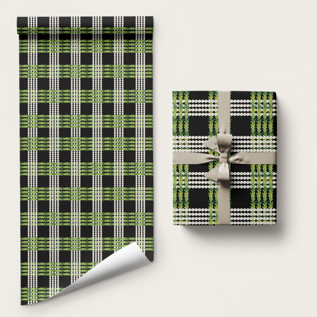Aloha Hawaii Pakalana Pikake Lei Wrapping Paper Palaka Inspired Hawaiian-plaid Black