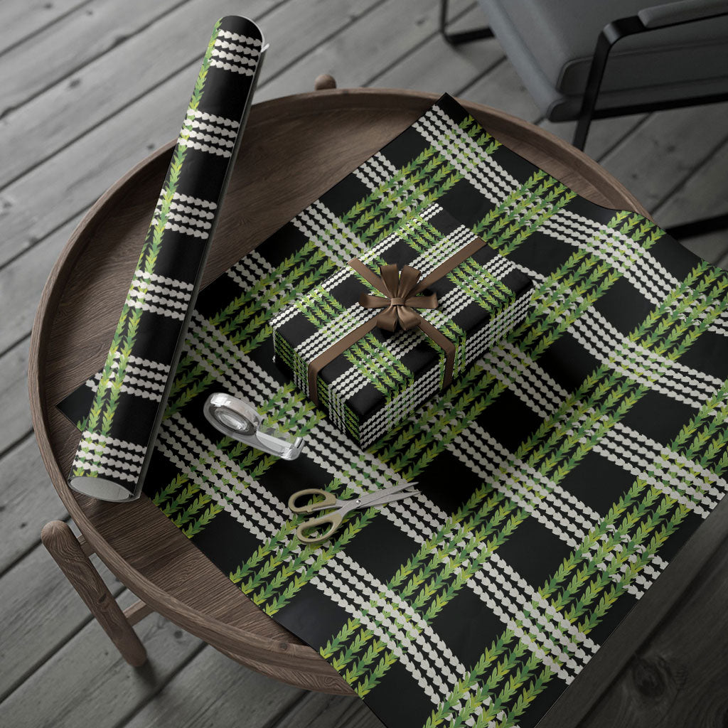 Aloha Hawaii Pakalana Pikake Lei Wrapping Paper Palaka Inspired Hawaiian-plaid Black