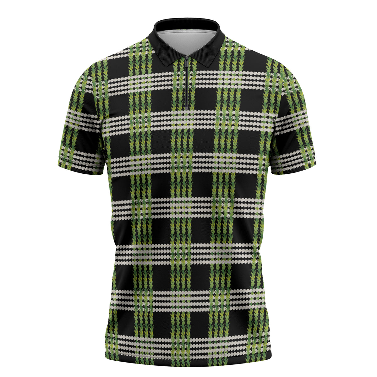 Aloha Hawaii Pakalana Pikake Lei Zipper Polo Shirt Palaka Inspired Hawaiian-plaid Black