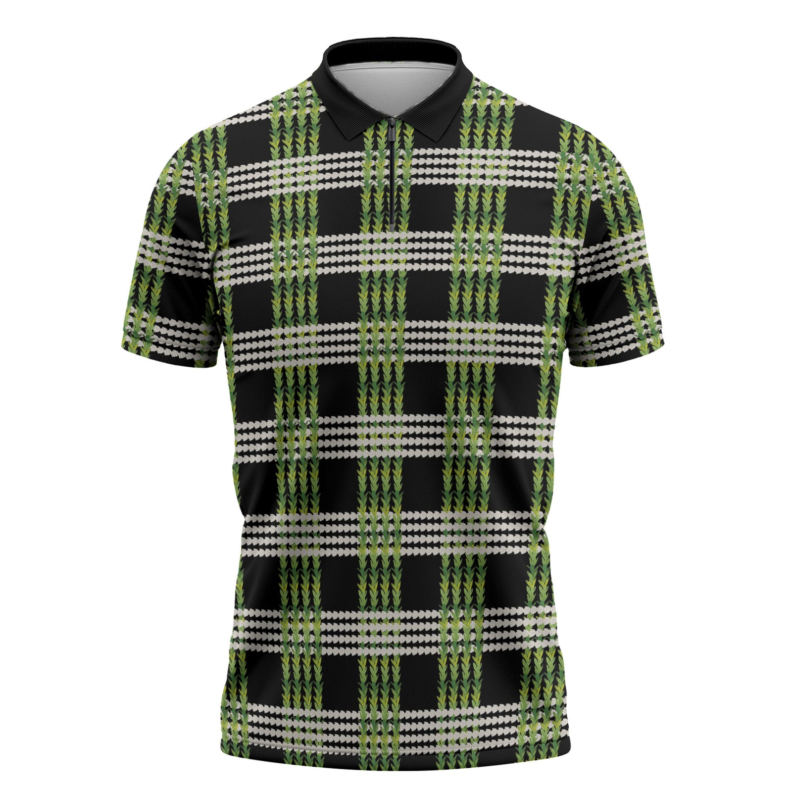 Aloha Hawaii Pakalana Pikake Lei Zipper Polo Shirt Palaka Inspired Hawaiian-plaid Black LT14 Black - Polynesian Pride