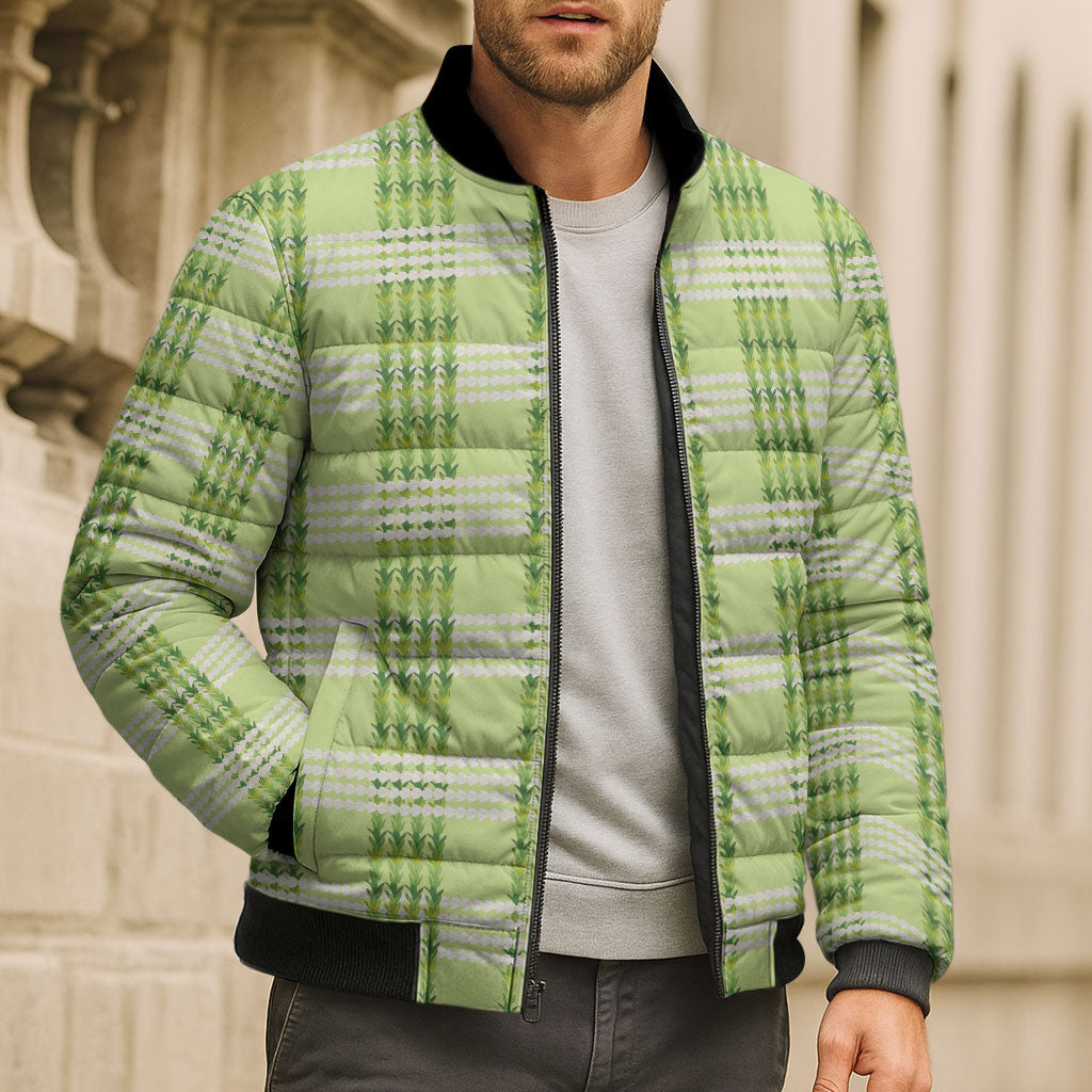 Aloha Hawaii Pakalana Pikake Lei Bomber Puffer Jacket Palaka Inspired Hawaiian-plaid Pastel Green