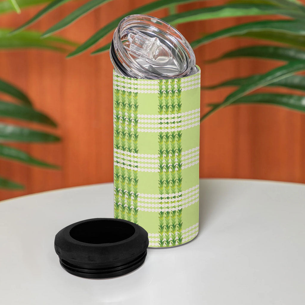 Aloha Hawaii Pakalana Pikake Lei 4 in 1 Can Cooler Tumbler Palaka Inspired Hawaiian-plaid Pastel Green